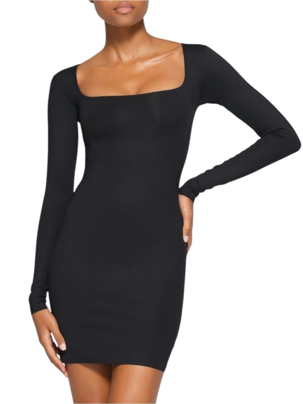 SKIMS Body Long Sleeve Mini Dress NWT  Black Sculpting Square Neck Bodycon